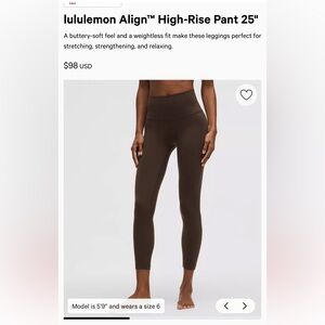 Brown Lululemon Align High Right Pant 28”